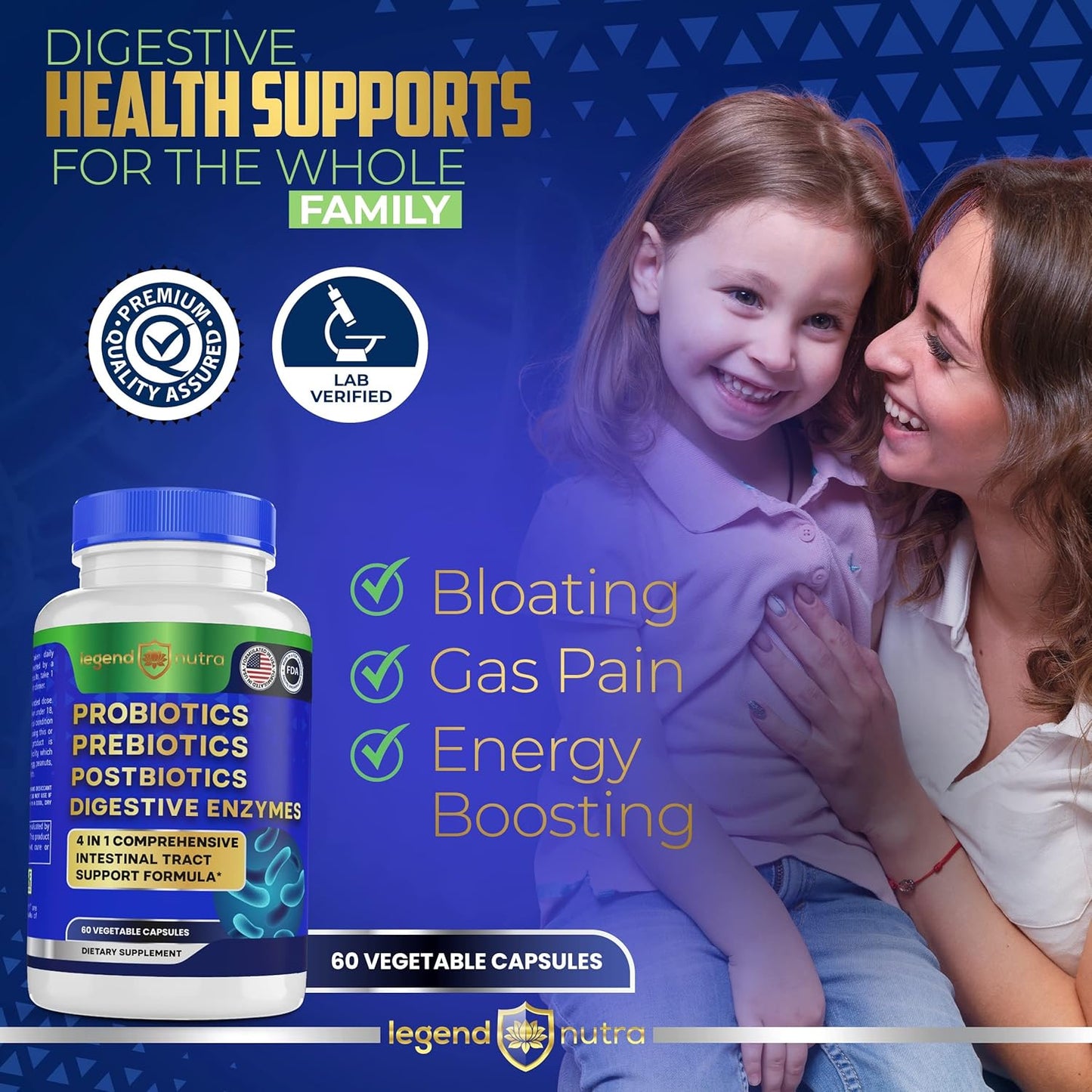 Legend Nutra 4-in-1 Digestive Health Supplement with Probiotics, Prebiotics, Postbiotics, and Enzymes - 60 Count