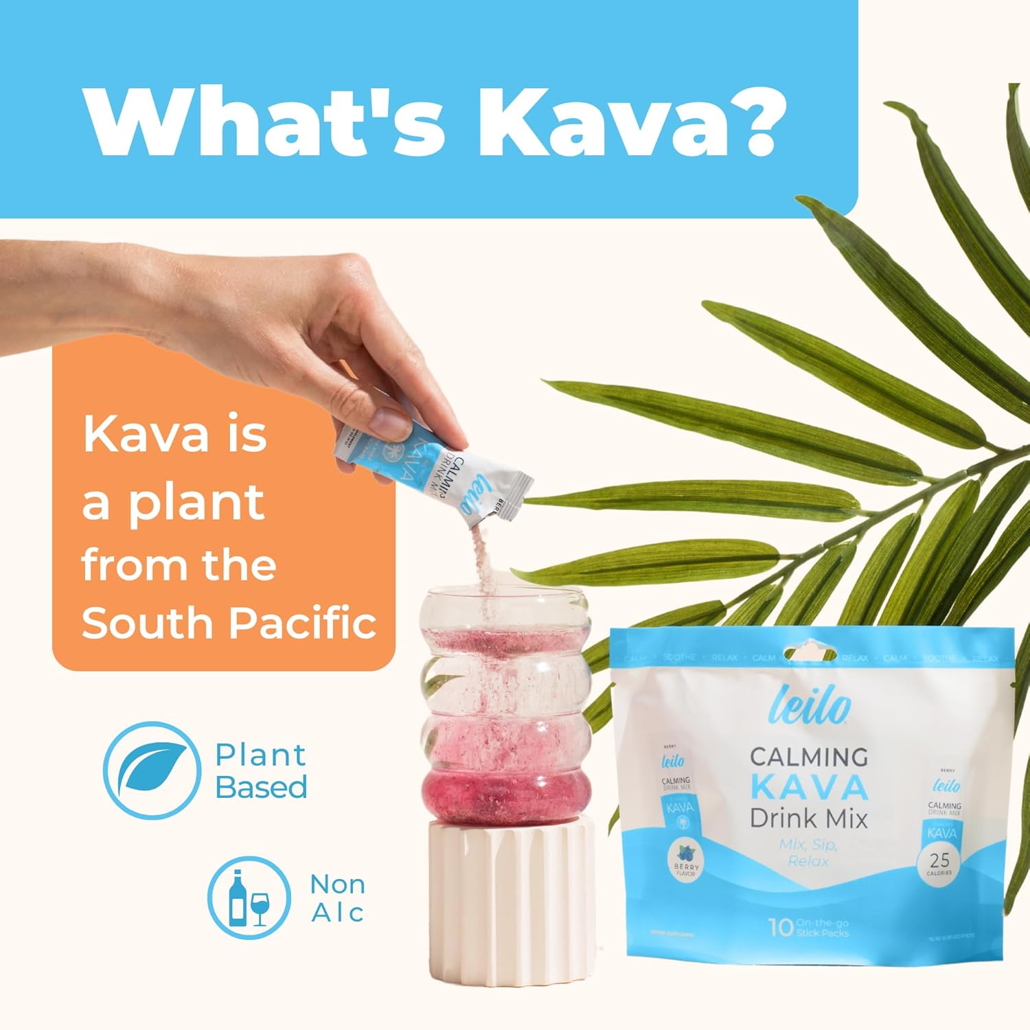 LEILO Berry Flavored Kava Drink Mix for Relaxation | Non-Alcoholic Adaptogen Mocktail Powder | 10 Servings