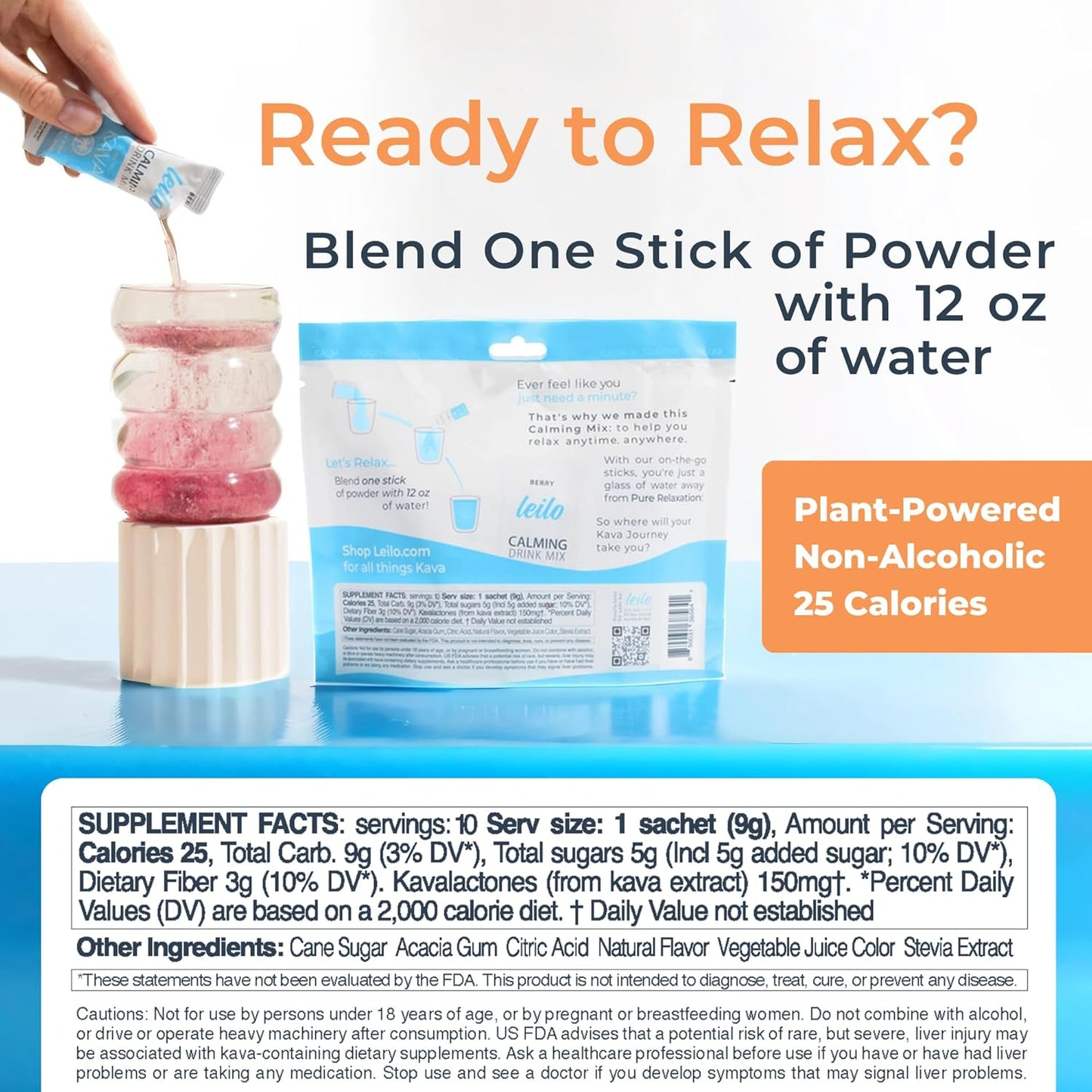 LEILO Berry Flavored Kava Drink Mix for Relaxation | Non-Alcoholic Adaptogen Mocktail Powder | 10 Servings