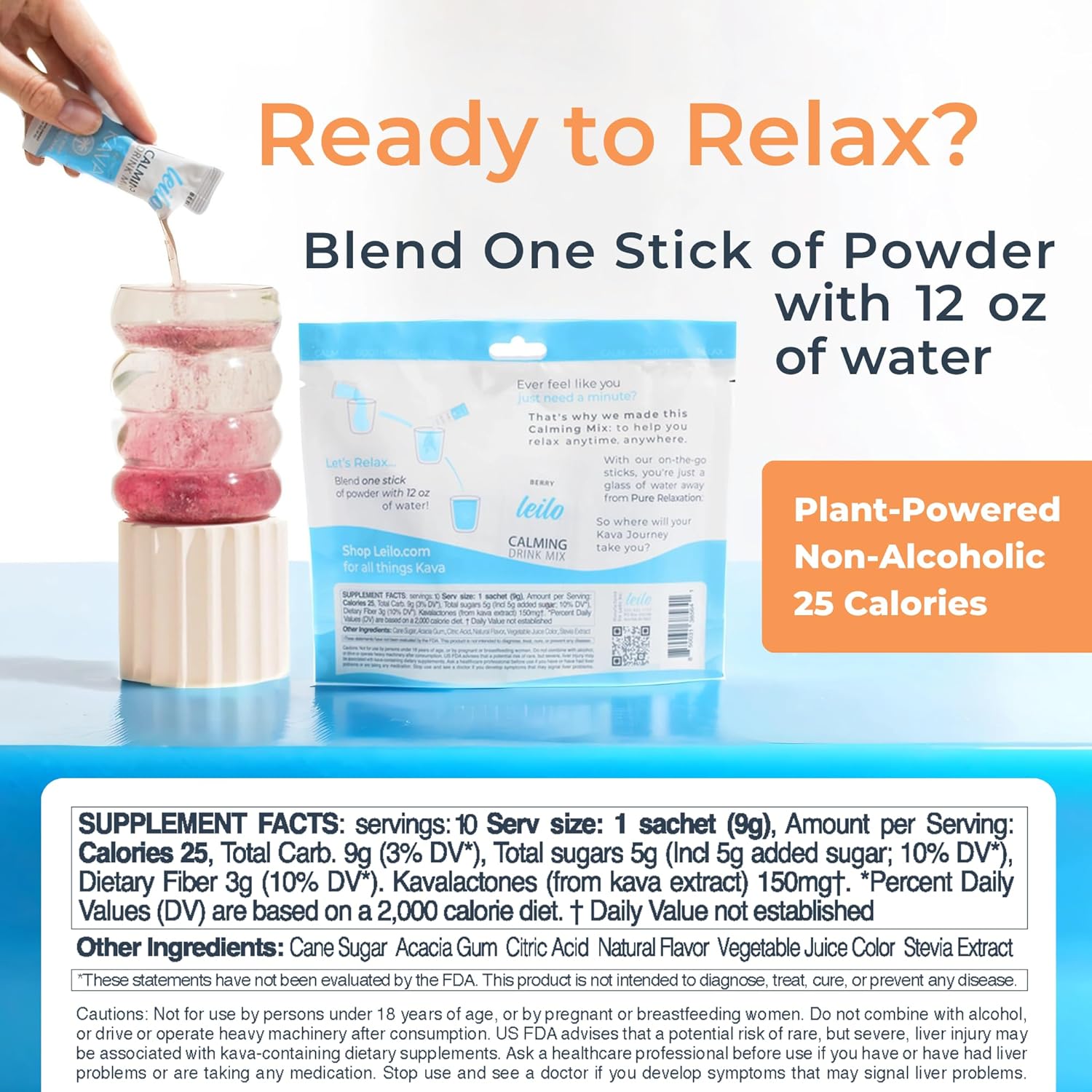 LEILO Berry Flavored Kava Drink Mix for Relaxation | Non-Alcoholic Adaptogen Mocktail Powder | 10 Servings