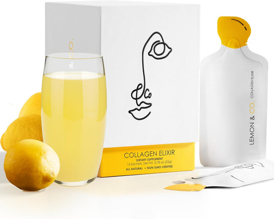 Lemon & Co. Collagen Water with Marine Collagen, Vitamin C, and Organic Lemons - Sugar-Free and Non-GMO - 14 Packets for Hair, Skin, and Nails