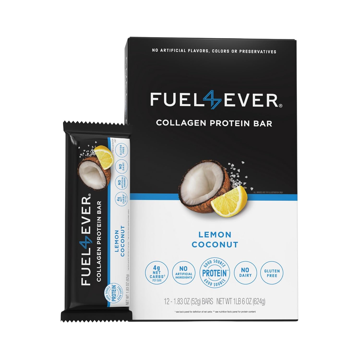 Lemon Coconut Collagen Protein Bars, Box of 12 - High Protein, Gluten-Free, Dairy-Free, Low Net Carb, High Fiber Snack Bar with MCT Oil