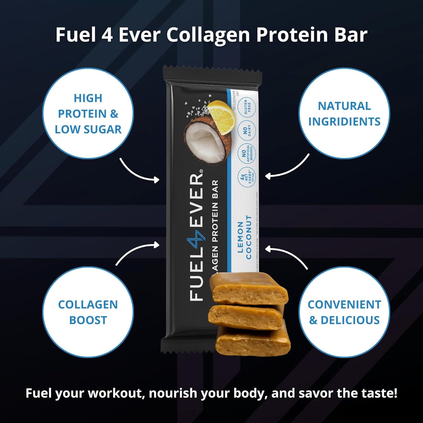 Lemon Coconut Collagen Protein Bars, Box of 12 - High Protein, Gluten-Free, Dairy-Free, Low Net Carb, High Fiber Snack Bar with MCT Oil