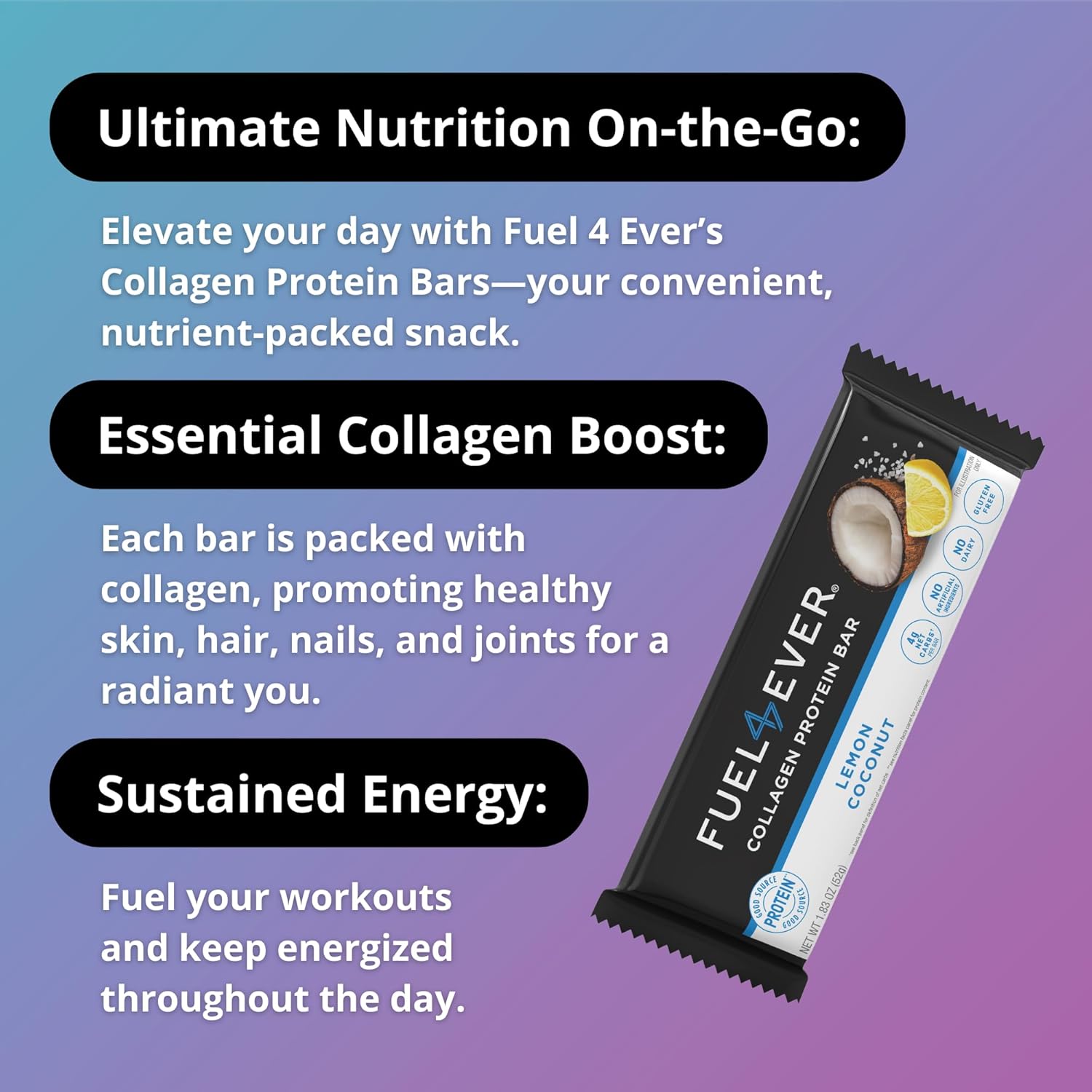 Lemon Coconut Collagen Protein Bars, Box of 12 - High Protein, Gluten-Free, Dairy-Free, Low Net Carb, High Fiber Snack Bar with MCT Oil