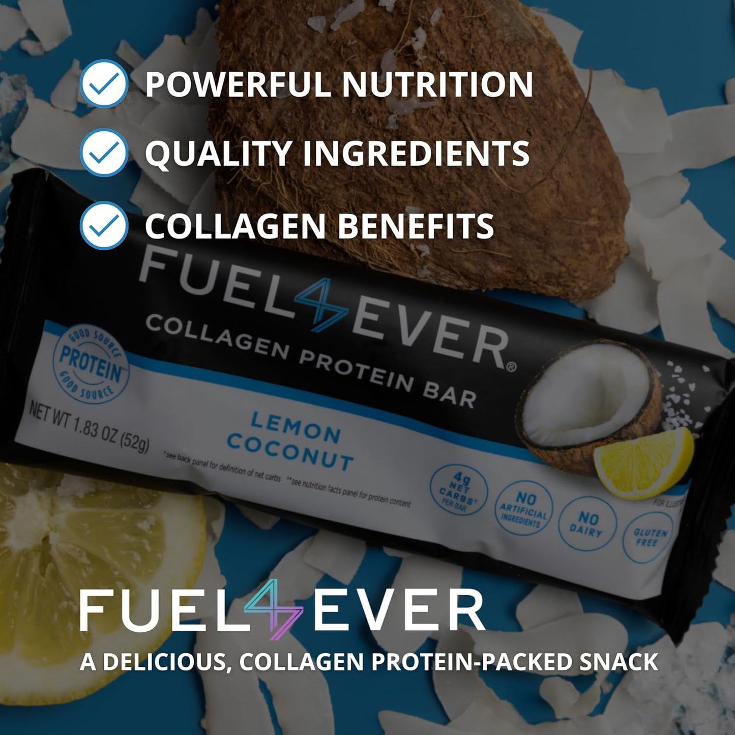 Lemon Coconut Collagen Protein Bars, Box of 12 - High Protein, Gluten-Free, Dairy-Free, Low Net Carb, High Fiber Snack Bar with MCT Oil