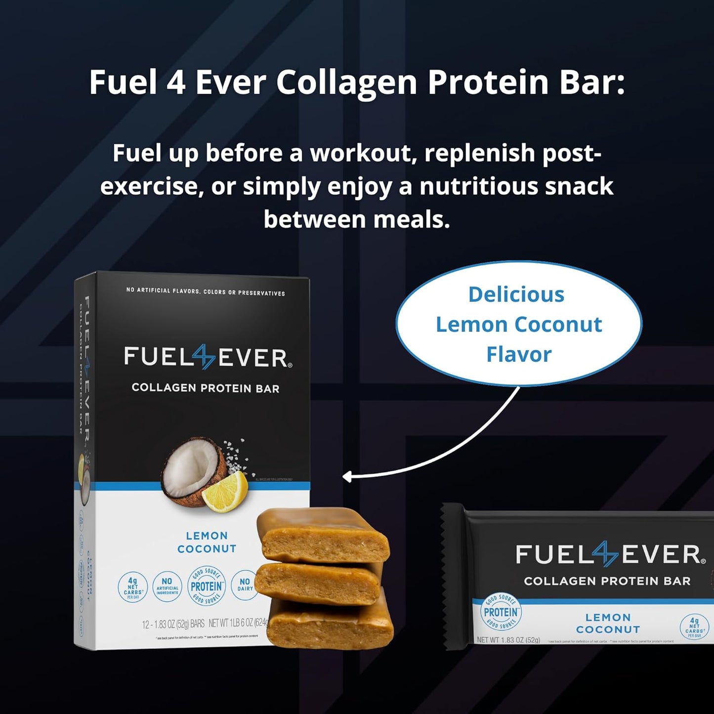 Lemon Coconut Collagen Protein Bars, Box of 12 - High Protein, Gluten-Free, Dairy-Free, Low Net Carb, High Fiber Snack Bar with MCT Oil