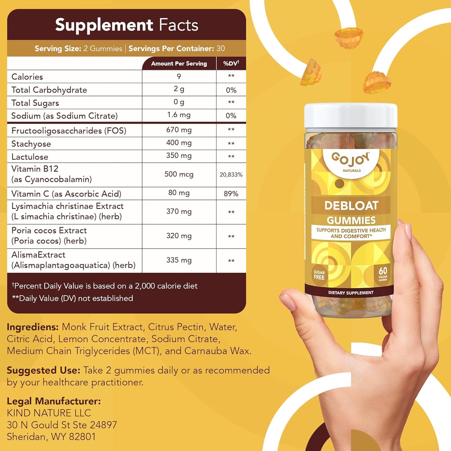 Lemon Debloat Gummies by GOJOY NATURALS - Herbal Supplement for Gut Health, Bloating & Digestion - Non-GMO, Vegan, Sugar, Soy & Gluten Free (30 Servings)