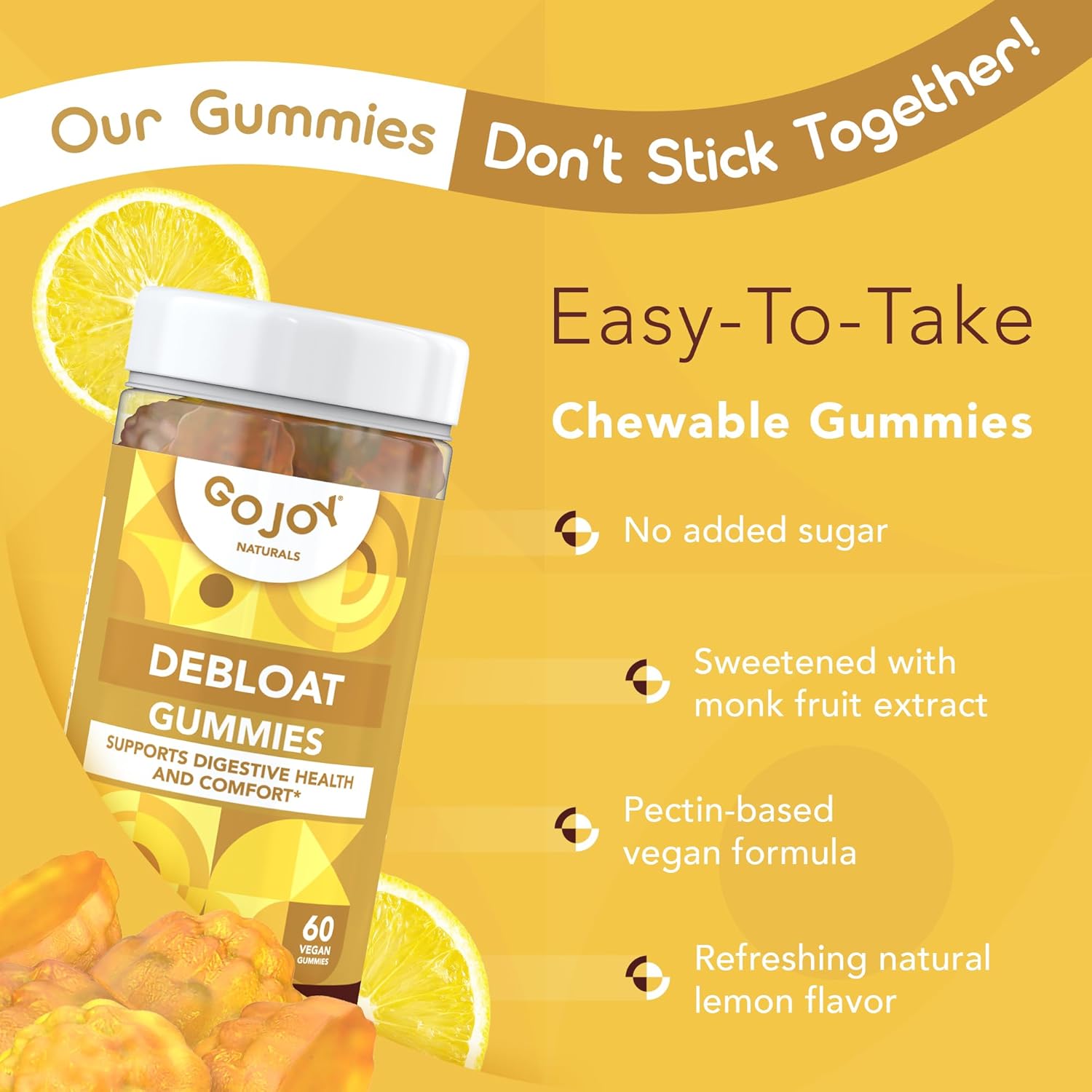 Lemon Debloat Gummies by GOJOY NATURALS - Herbal Supplement for Gut Health, Bloating & Digestion - Non-GMO, Vegan, Sugar, Soy & Gluten Free (30 Servings)