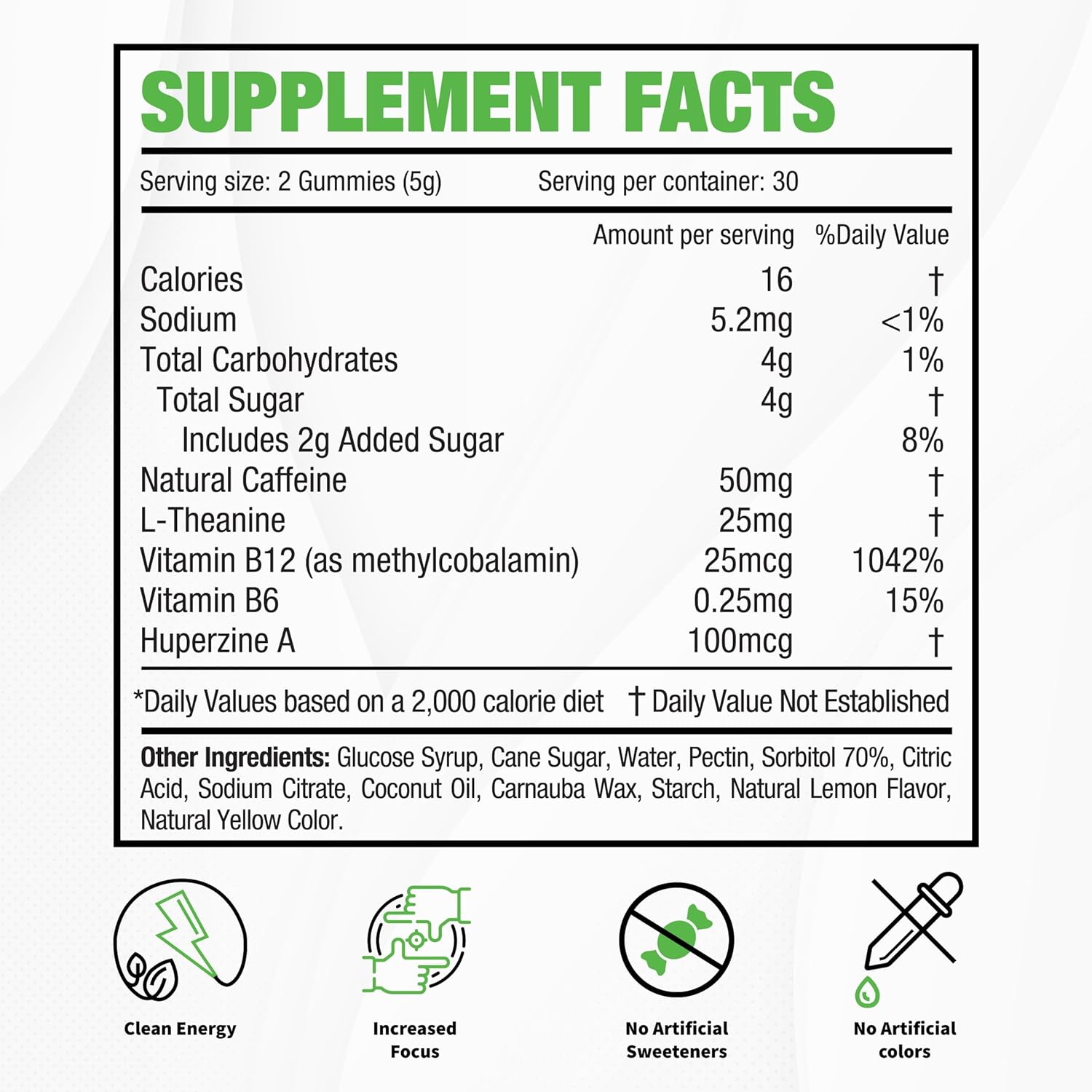 Lemon Drop Energy Gummies - Natural Caffeine and L-theanine for Focus - Vitamin B6 and B12 Boost - Huperzine A for Increased Energy
