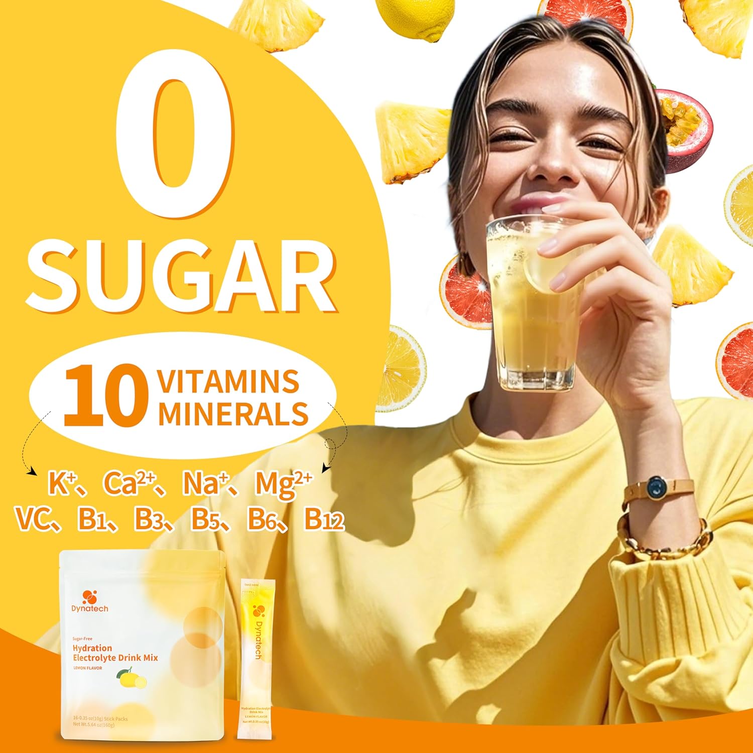 Lemon Electrolyte Drink Mix with Zero Sugar - Hydration Powder Packets with 10 Electrolytes, Vitamins - Non-GMO, Gluten Free, Vegan - 16 Servings