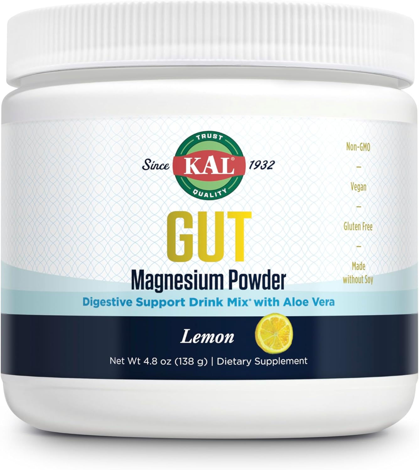 Lemon Flavored KAL Gut Magnesium Plus Aloe Vera Powder - Supports Digestion & Relaxation - Magnesium Citrate Supplement - 40 Servings