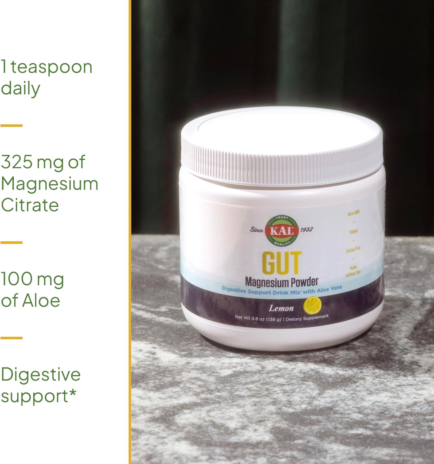 Lemon Flavored KAL Gut Magnesium Plus Aloe Vera Powder - Supports Digestion & Relaxation - Magnesium Citrate Supplement - 40 Servings