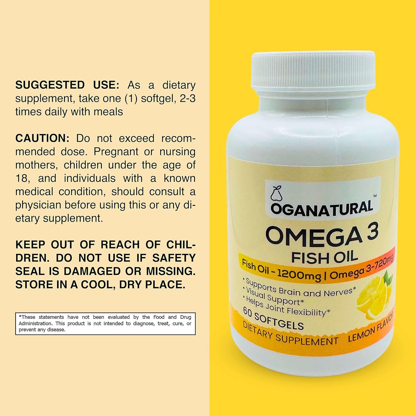 Lemon Flavored Omega 3 Fish Oil Soft Gels - 720mg EPA & DHA - Brain & Nerve Support - Joint Flexibility - Non-GMO - 60 Day Supply