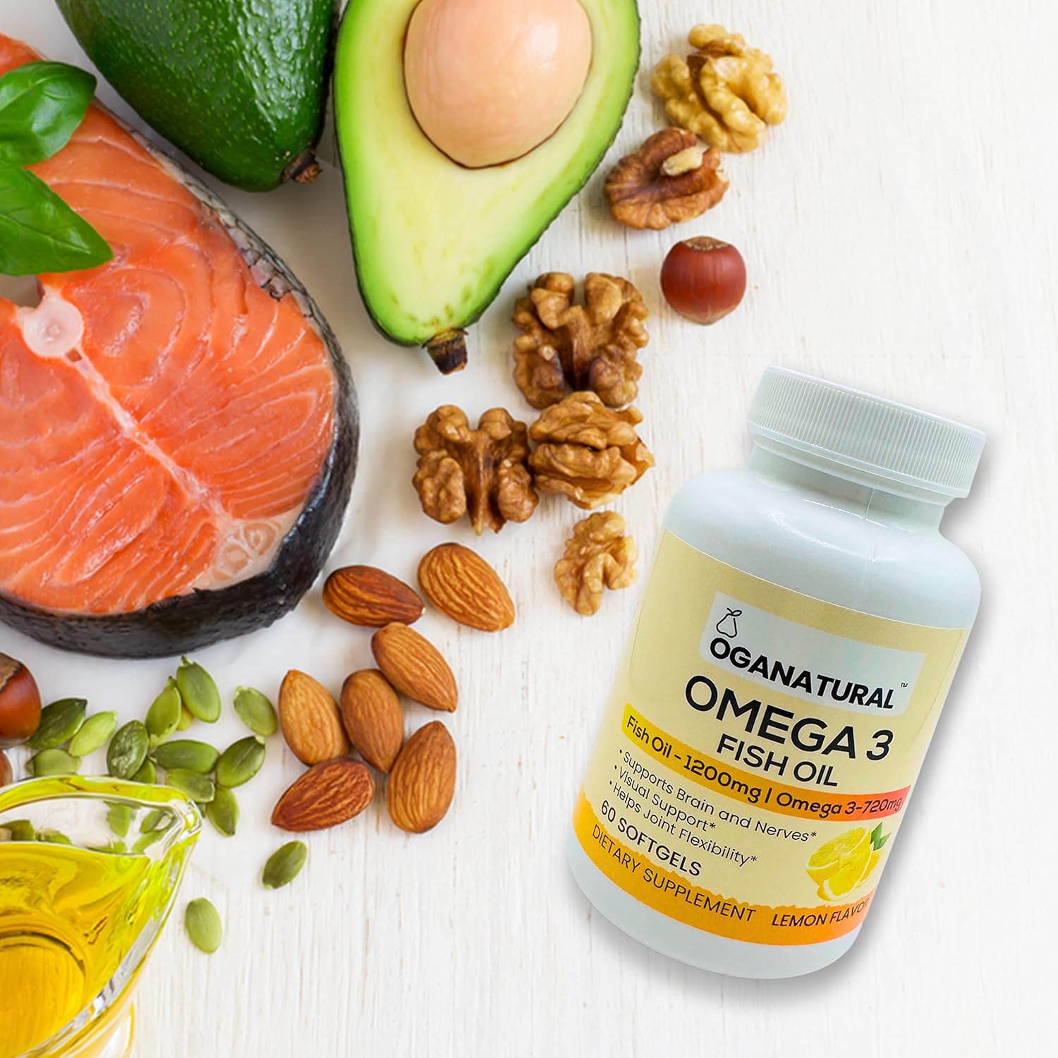 Lemon Flavored Omega 3 Fish Oil Soft Gels - 720mg EPA & DHA - Brain & Nerve Support - Joint Flexibility - Non-GMO - 60 Day Supply