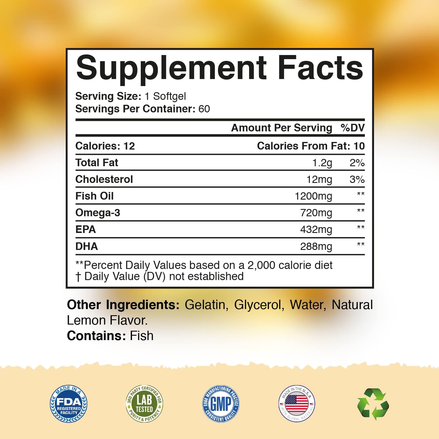 Lemon Flavored Omega 3 Fish Oil Soft Gels - 720mg EPA & DHA - Brain & Nerve Support - Joint Flexibility - Non-GMO - 60 Day Supply