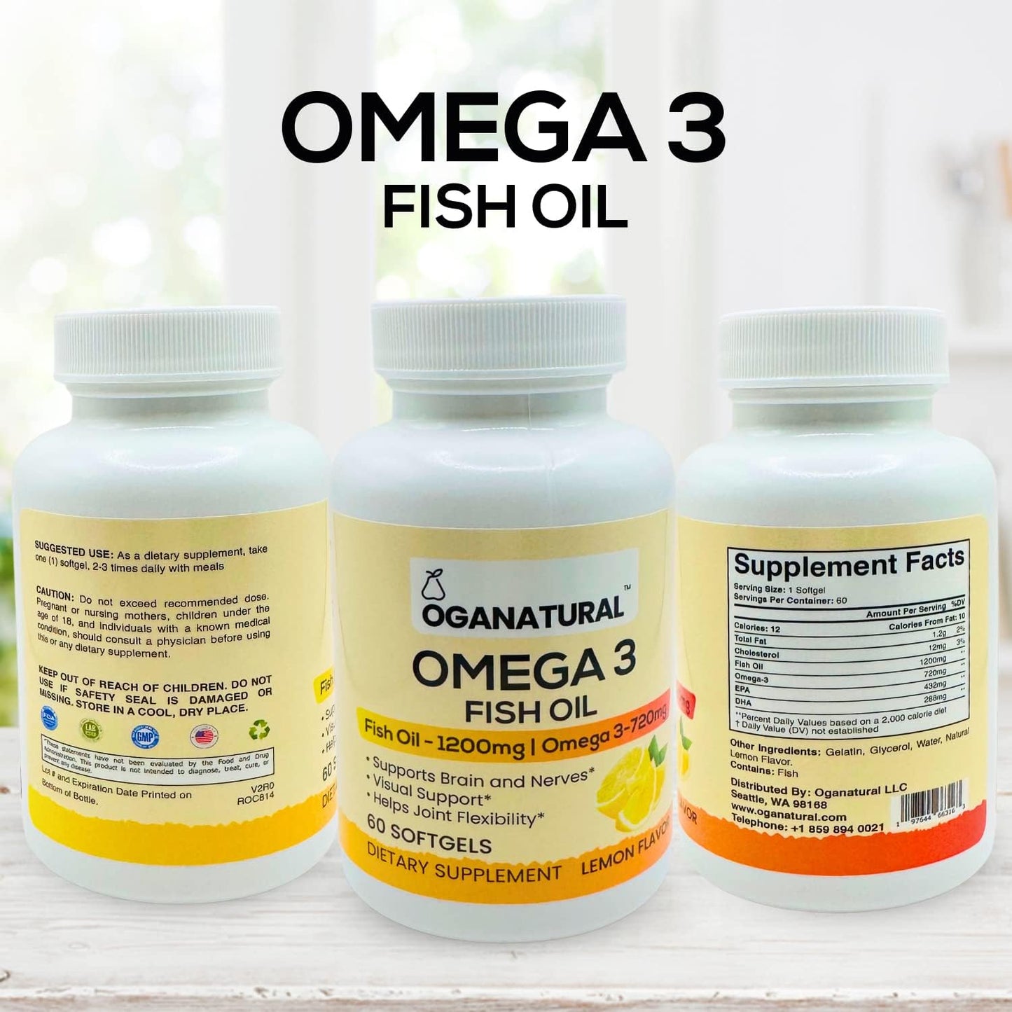 Lemon Flavored Omega 3 Fish Oil Soft Gels - 720mg EPA & DHA - Brain & Nerve Support - Joint Flexibility - Non-GMO - 60 Day Supply