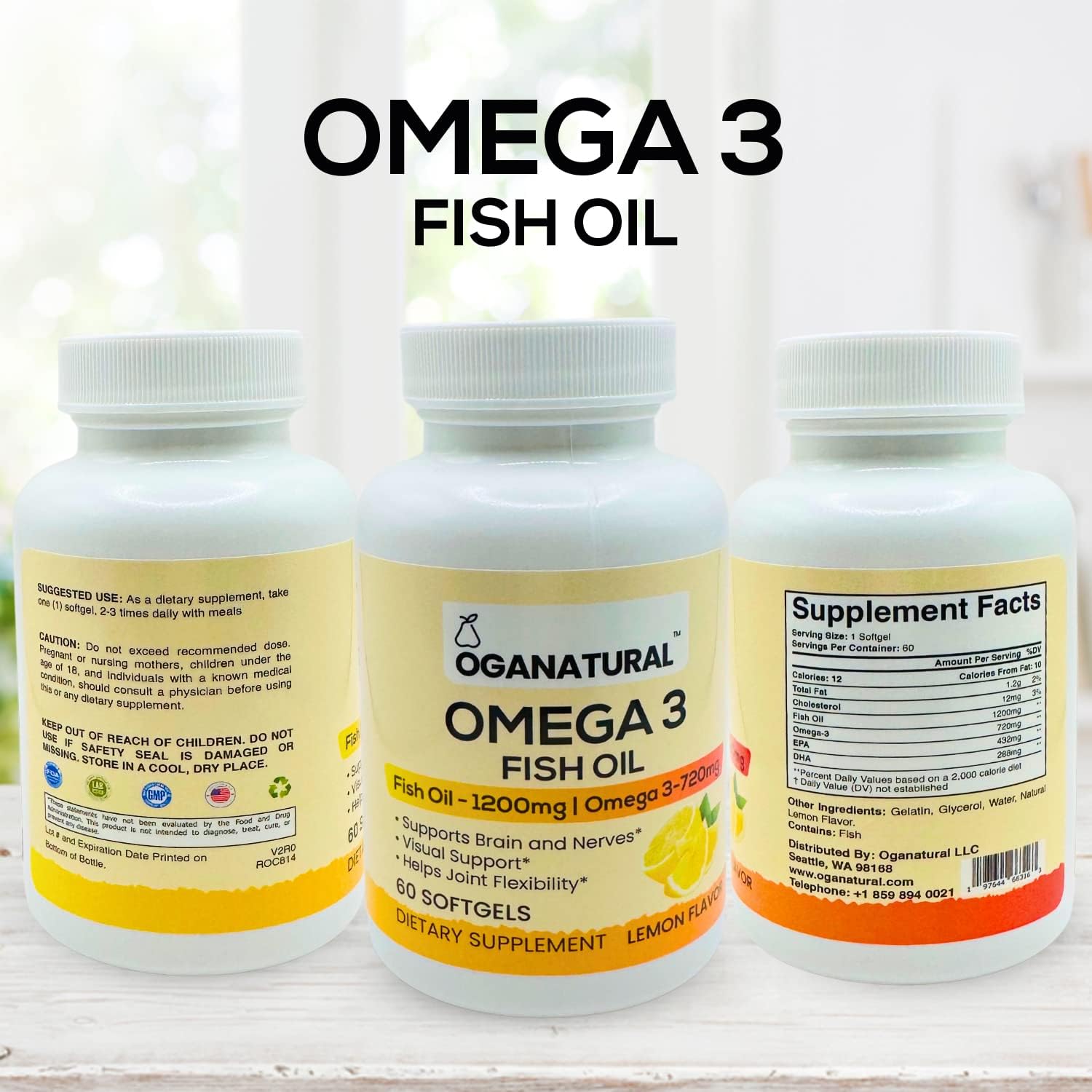 Lemon Flavored Omega 3 Fish Oil Soft Gels - 720mg EPA & DHA - Brain & Nerve Support - Joint Flexibility - Non-GMO - 60 Day Supply