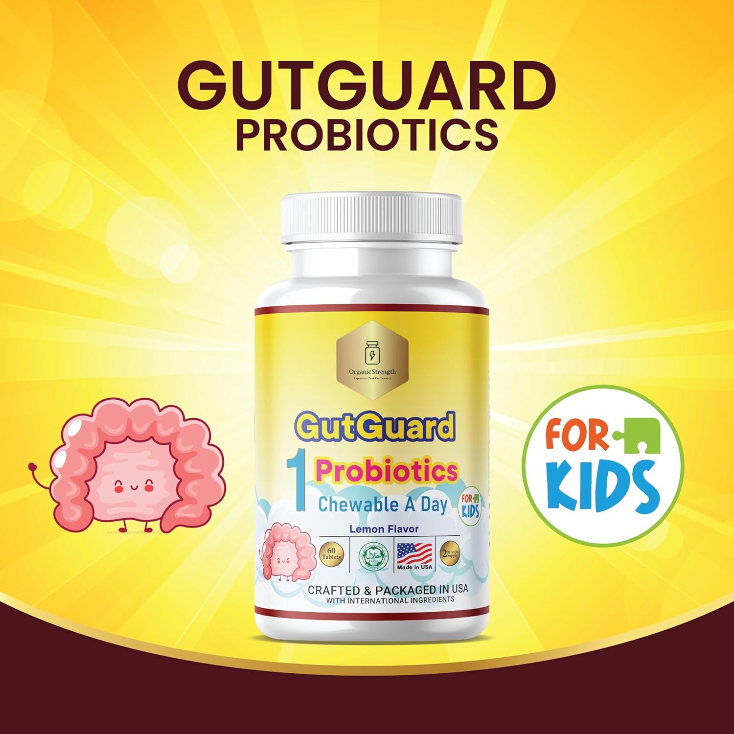 Lemon Flavored Organic Kids Probiotics for Ages 4-12 | Halal Children's Probiotic with Digestive Support | Promotes Gut Health and Wellness with 1 Daily Serving