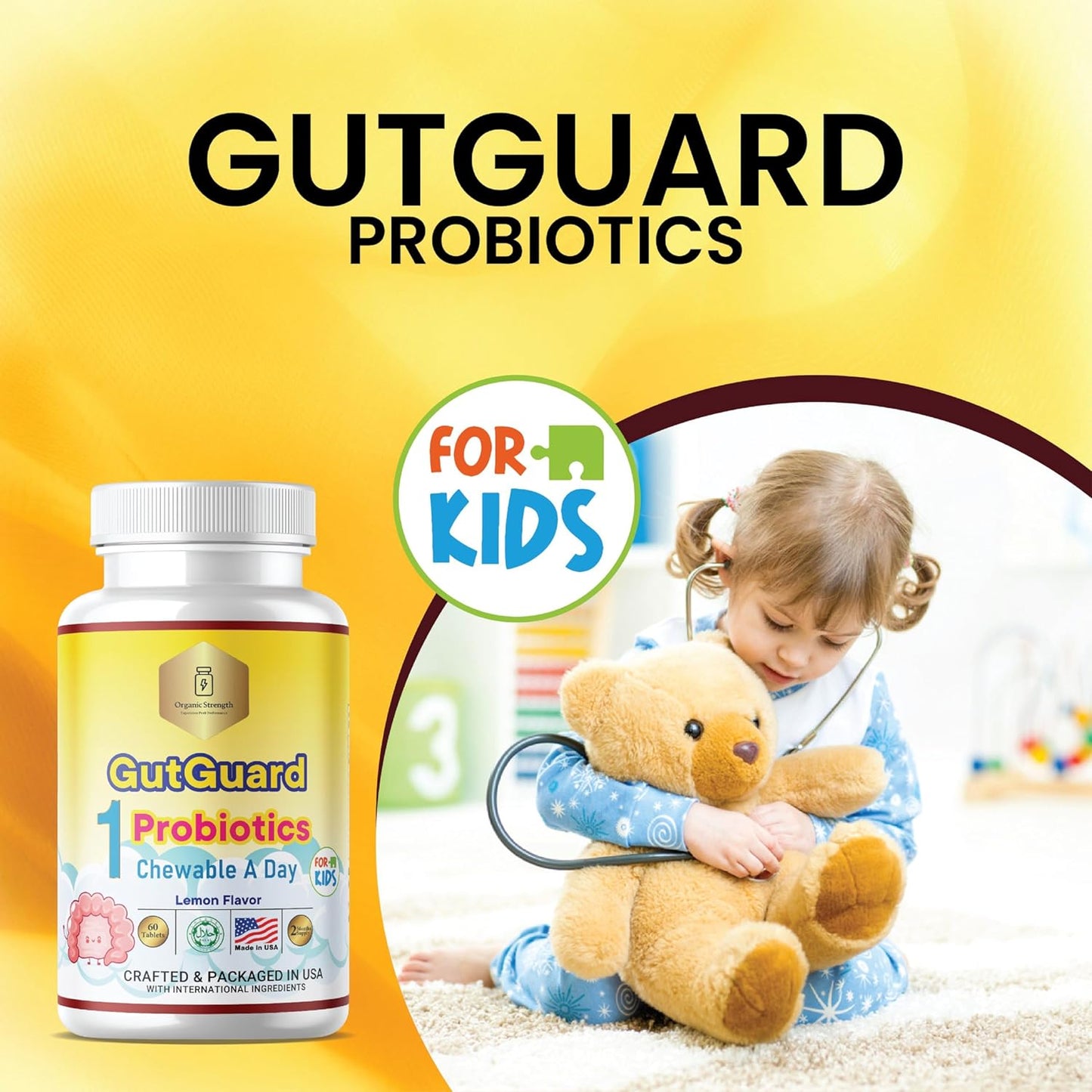 Lemon Flavored Organic Kids Probiotics for Ages 4-12 | Halal Children's Probiotic with Digestive Support | Promotes Gut Health and Wellness with 1 Daily Serving