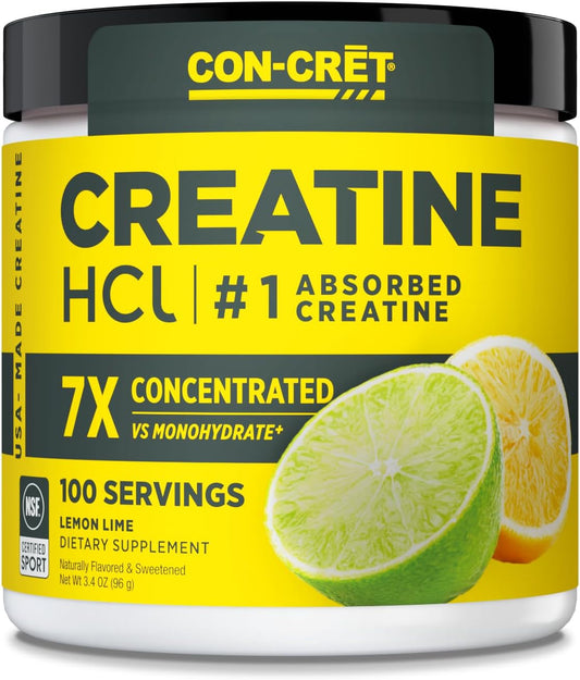 Lemon Lime CON-CRET Creatine HCl Powder for Muscle, Cognitive, and Cellular Energy Support - USA Made & NSF Certified, 100 Servings