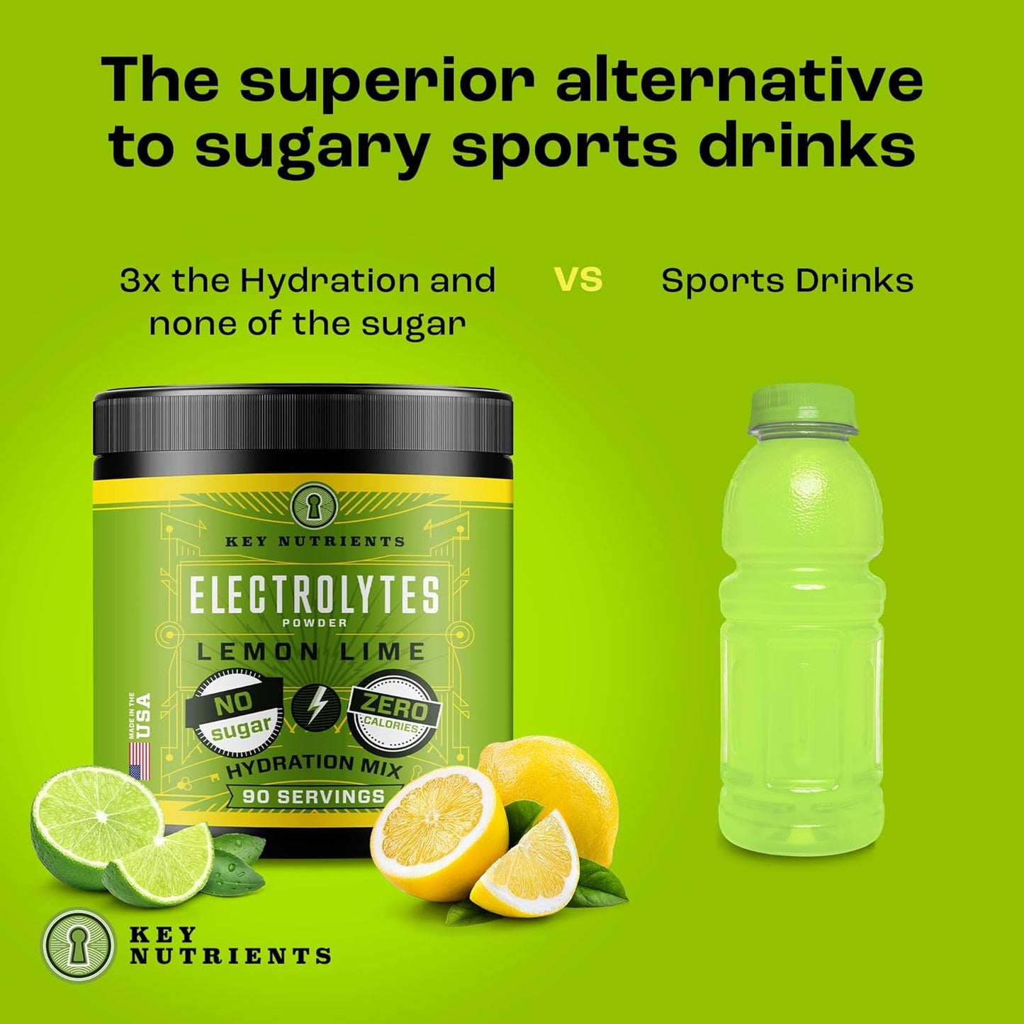 Lemon Lime Electrolyte Powder with Key Nutrients - No Sugar, No Calories - Endurance & Energy Supplement - Hydration Powder - 90 Servings, Made in USA