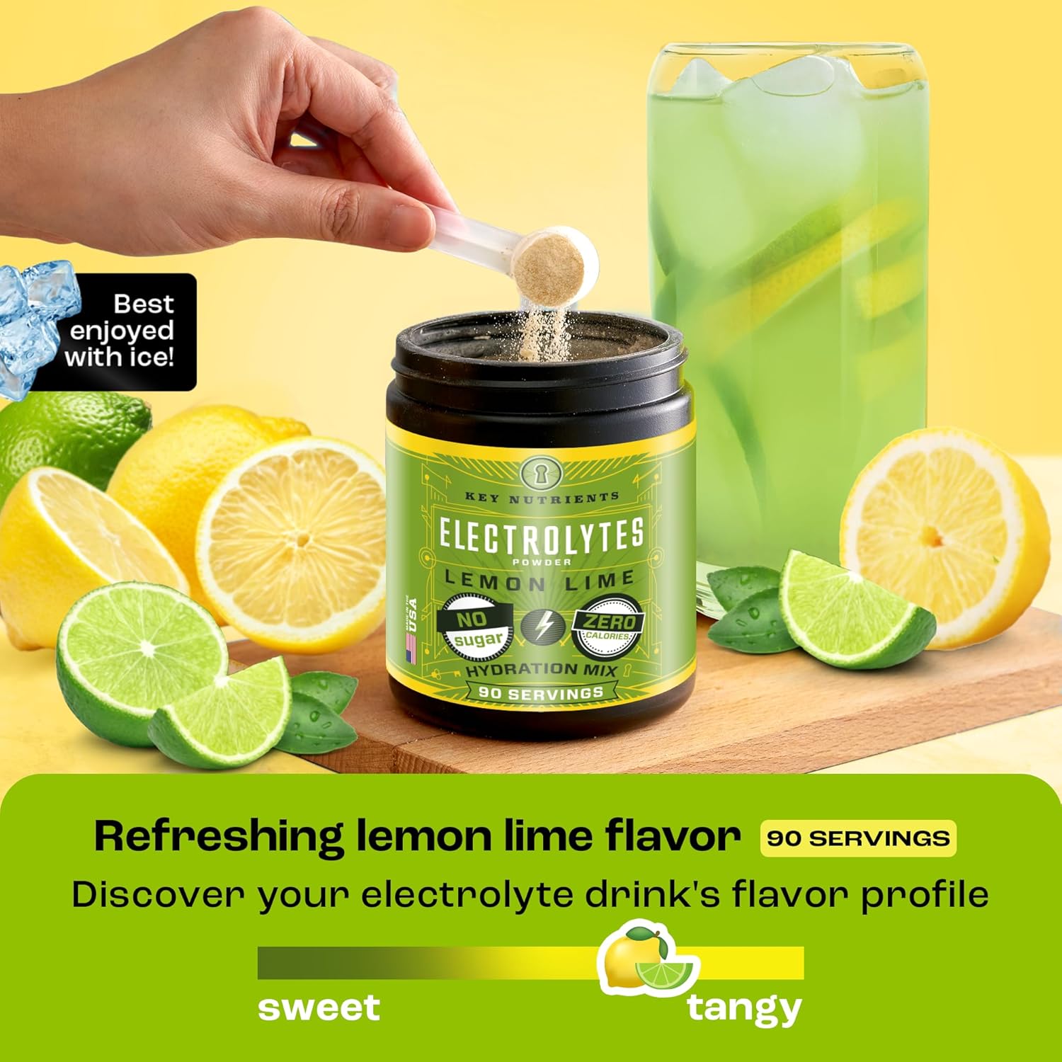 Lemon Lime Electrolyte Powder with Key Nutrients - No Sugar, No Calories - Endurance & Energy Supplement - Hydration Powder - 90 Servings, Made in USA