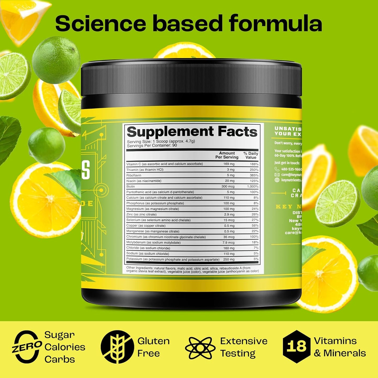 Lemon Lime Electrolyte Powder with Key Nutrients - No Sugar, No Calories - Endurance & Energy Supplement - Hydration Powder - 90 Servings, Made in USA