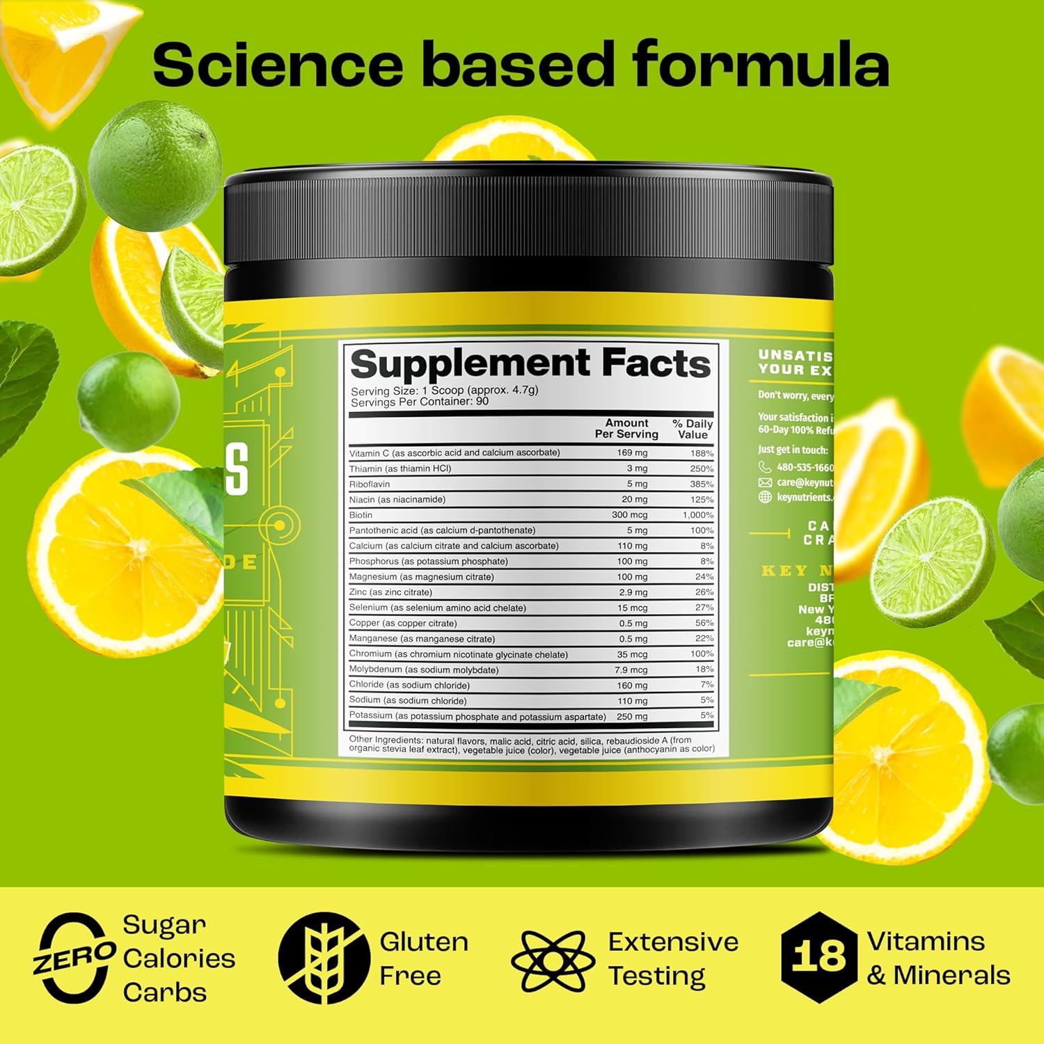Lemon Lime Electrolyte Powder with Key Nutrients - No Sugar, No Calories - Endurance & Energy Supplement - Hydration Powder - 90 Servings, Made in USA