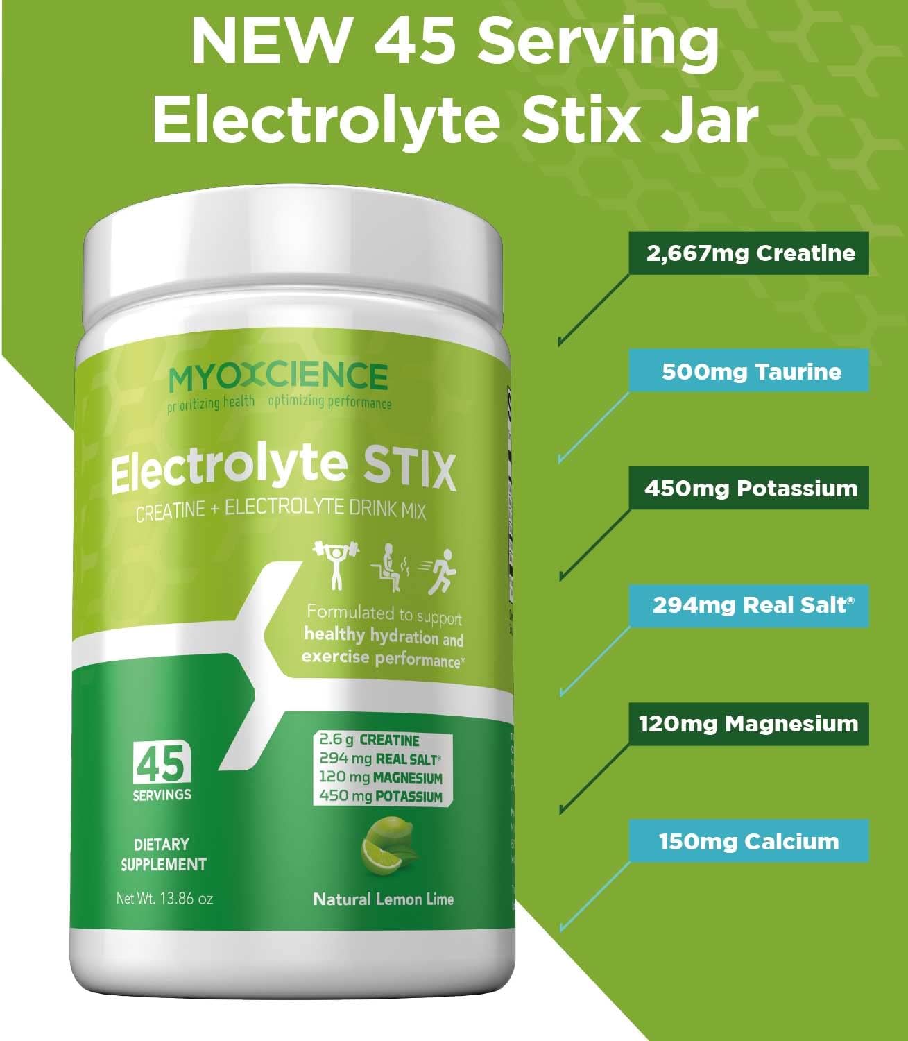 Lemon Lime Electrolyte Stix with Creatine for Exercise Recovery & Muscle Development - 45 ct Jar