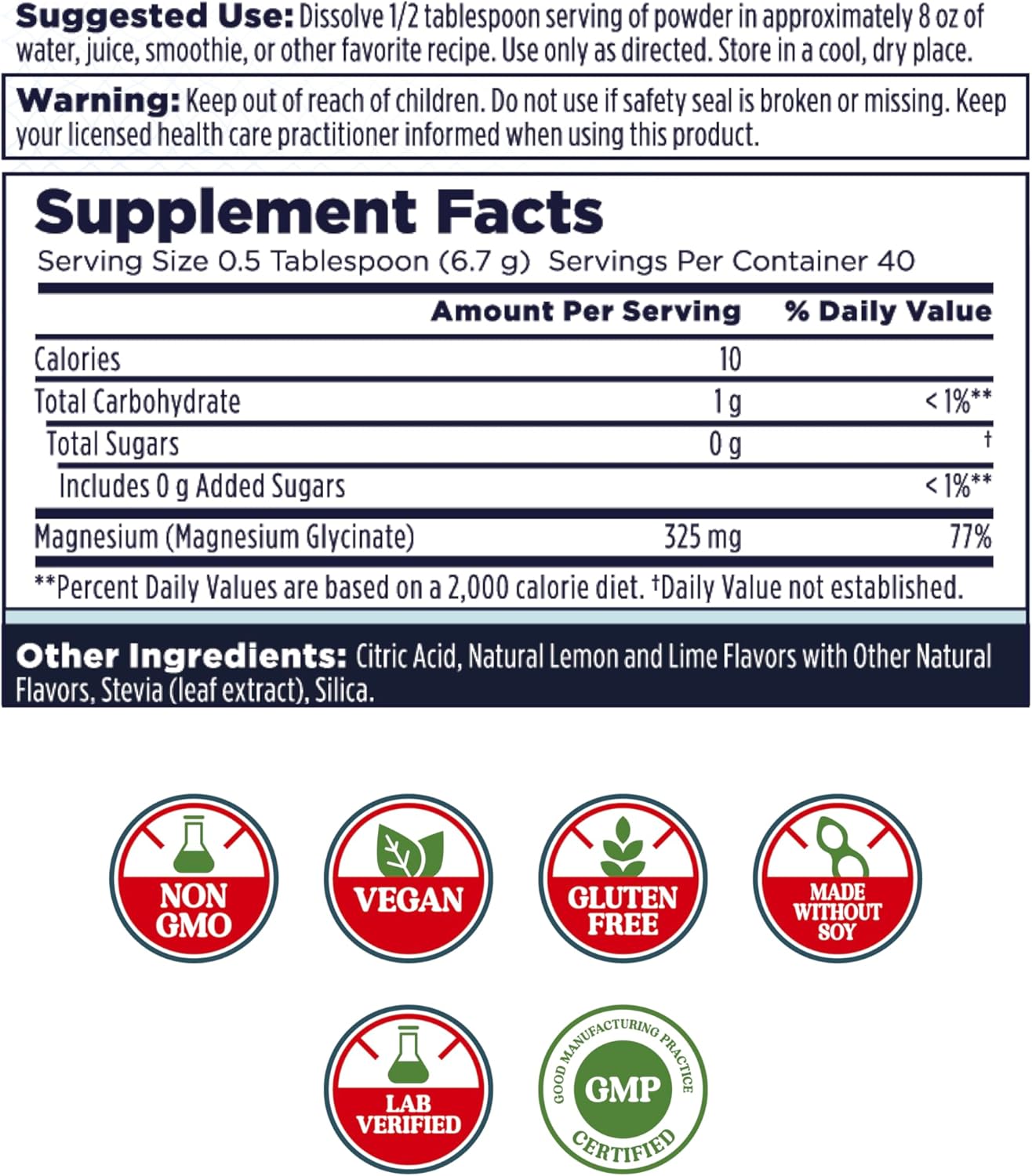 Lemon Lime Flavored KAL Calming Magnesium Powder - Vegan & Gluten-Free Supplement for Relaxation Support - High Absorption, No Added Sugar - 40 Servings, 9.5 oz