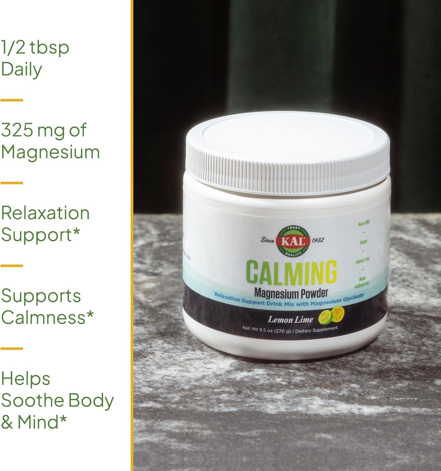 Lemon Lime Flavored KAL Calming Magnesium Powder - Vegan & Gluten-Free Supplement for Relaxation Support - High Absorption, No Added Sugar - 40 Servings, 9.5 oz