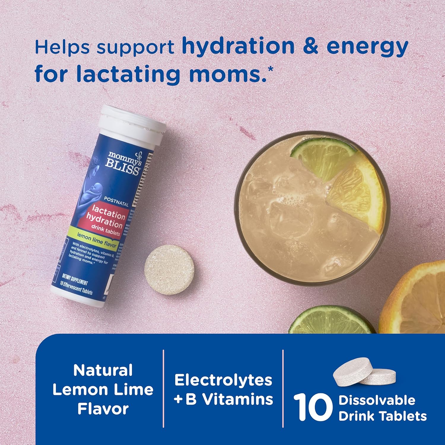 Lemon Lime Lactation Hydration Drink Tablets with Electrolytes & B Vitamins - 1 Pack (10 Tablets) for Breastfeeding Moms by Mommy's Bliss