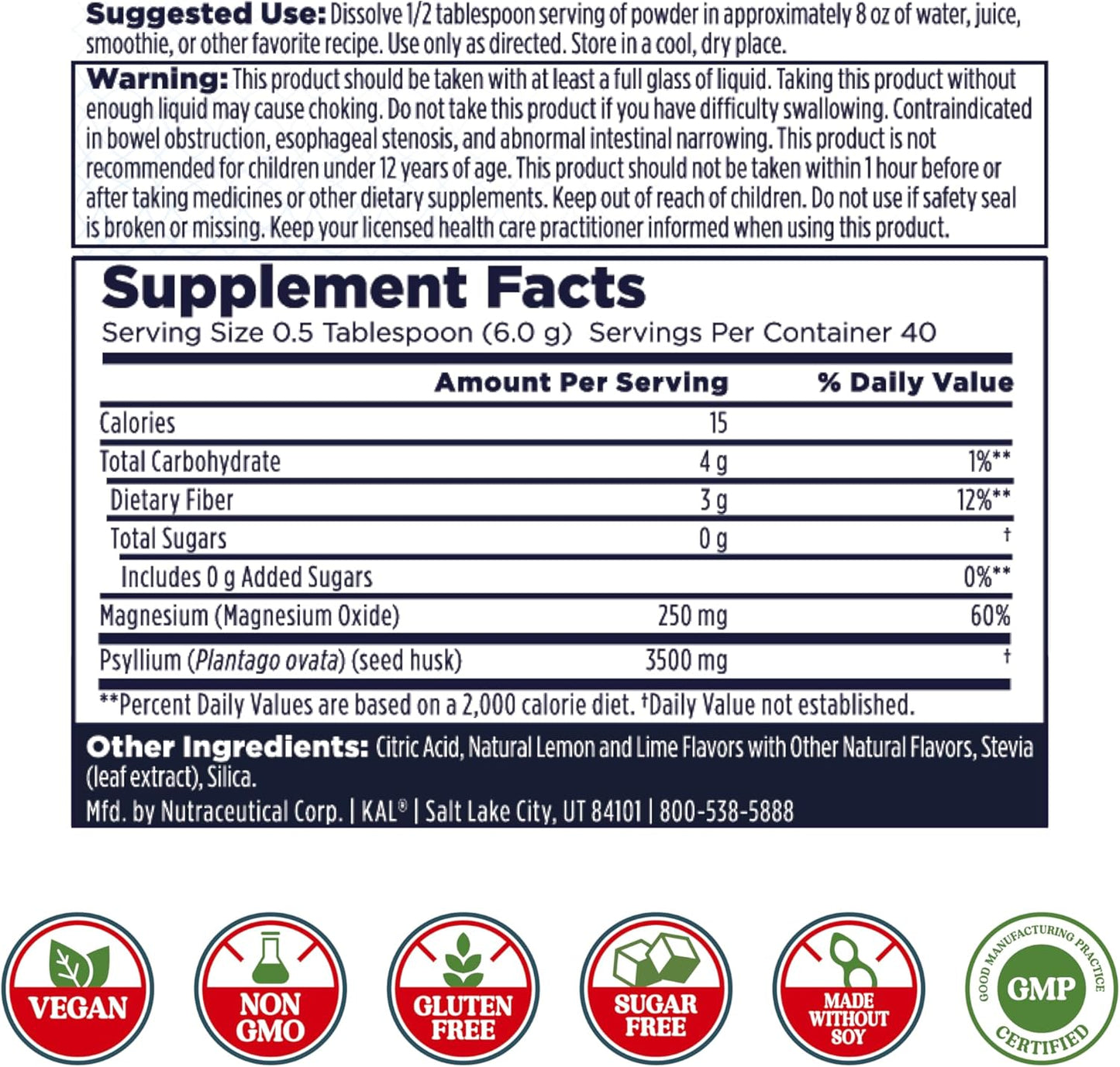 Lemon Lime Magnesium Oxide Fiber Supplement Powder with Psyllium Husk - Cleanout Drink Mix for Digestive Health - 40 Servings, 8.5 OZ - Sugar-Free, 60-Day Guarantee