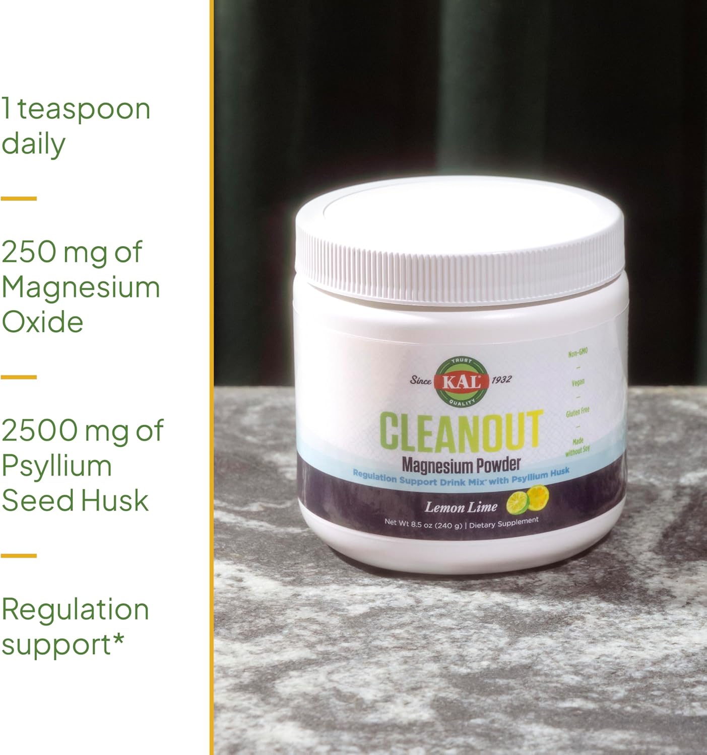 Lemon Lime Magnesium Oxide Fiber Supplement Powder with Psyllium Husk - Cleanout Drink Mix for Digestive Health - 40 Servings, 8.5 OZ - Sugar-Free, 60-Day Guarantee