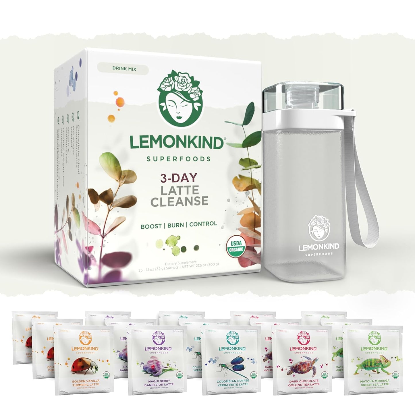 Lemonkind Organic 3 Day Cleanse with Clinically Studied Prickly Pear - Keto-Friendly Plant-Based Protein, Gluten-Free Lattes & Blender Bottle