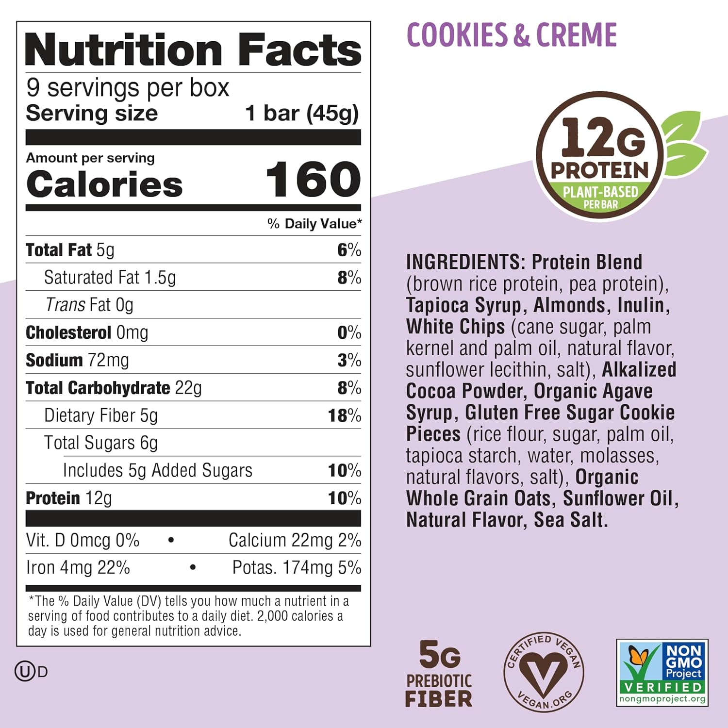 Lenny & Larry's Cookies & Creme Protein Bars - 9 Pack of 45g Vegan Bars with 12g Plant Protein & 5g Fiber - Gluten-Free, Keto Friendly, Non-GMO Snacks