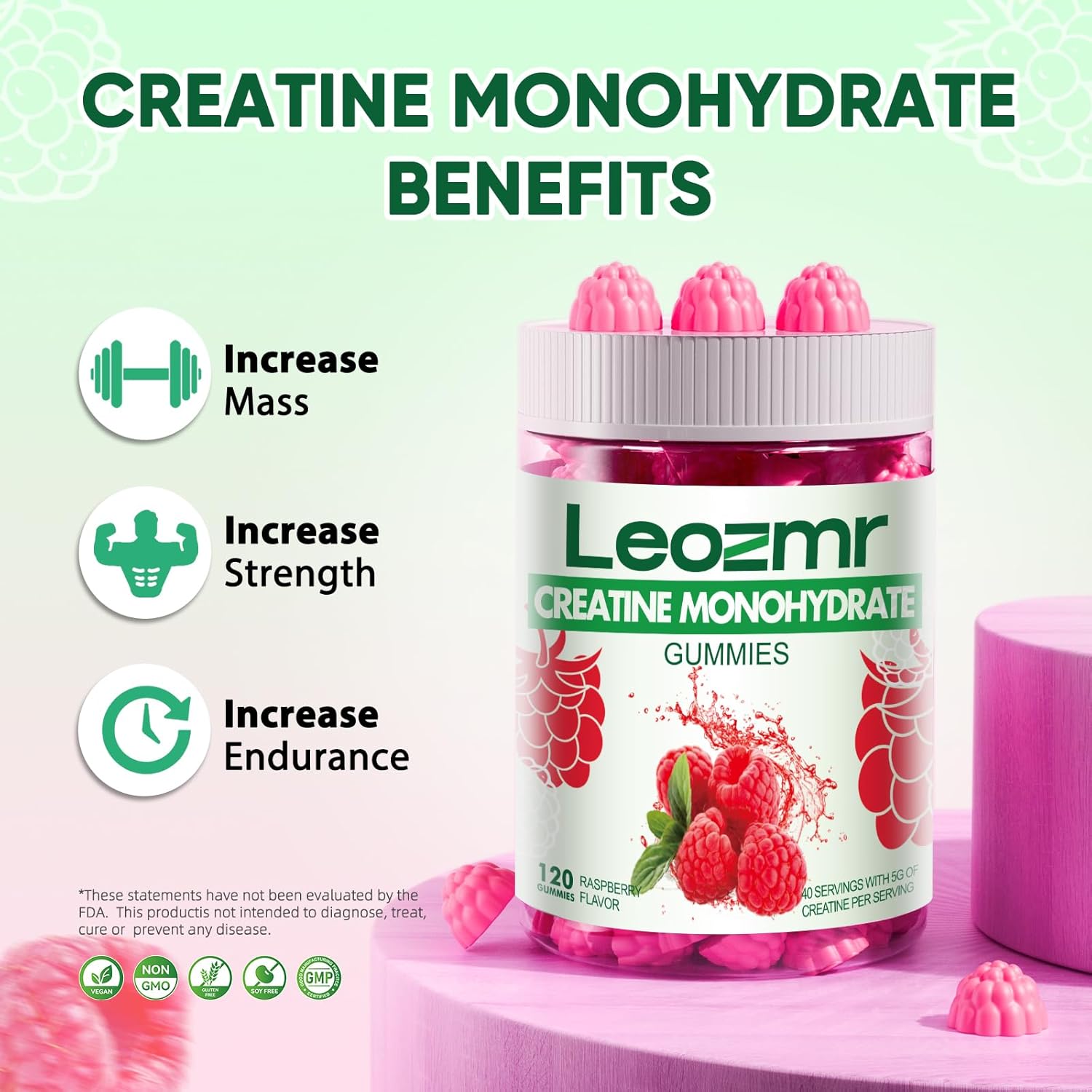 Leozmr Creatine Monohydrate Gummies - Raspberry Flavor, 120 Count, Sugar Free, Vegan, 5g Creatine per Serving - Men & Women's Supplement