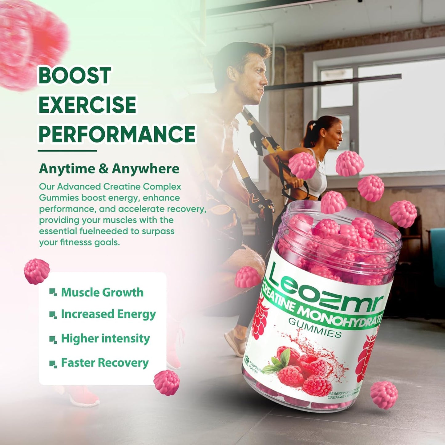 Leozmr Creatine Monohydrate Gummies - Raspberry Flavor, 120 Count, Sugar Free, Vegan, 5g Creatine per Serving - Men & Women's Supplement