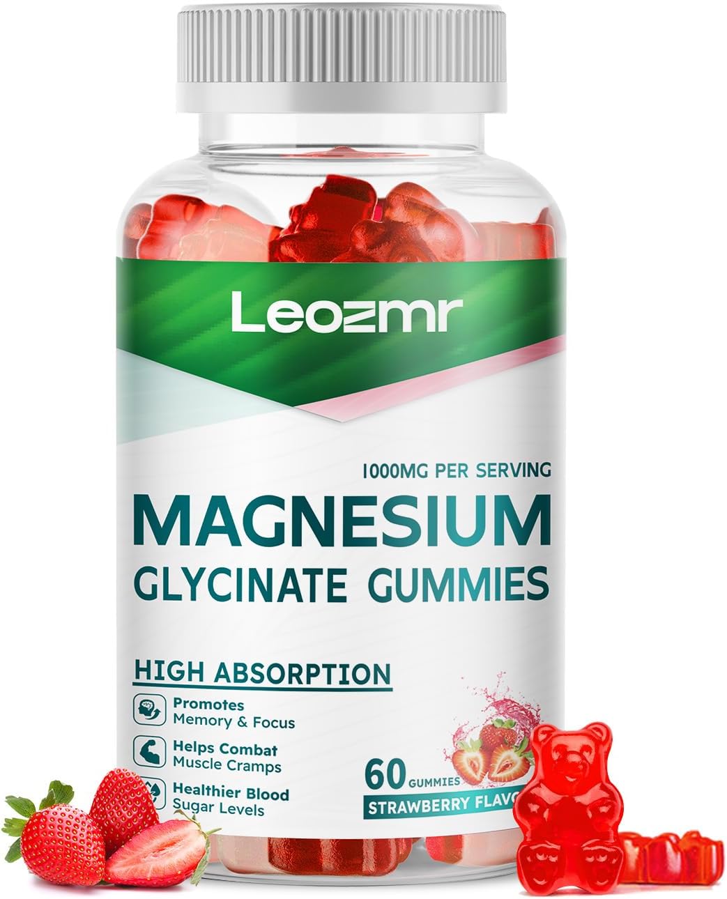 Leozmr Magnesium Glycinate Gummies 1000mg - Sugar Free Supplement for Calm Mood & Sleep Support - 60 Strawberry Gummies