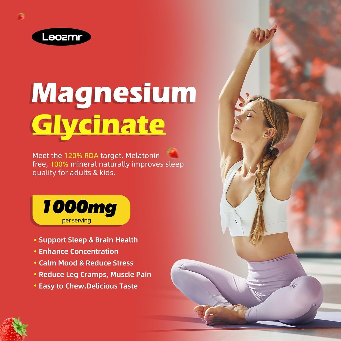 Leozmr Magnesium Glycinate Gummies 1000mg - Sugar Free Supplement for Calm Mood & Sleep Support - 60 Strawberry Gummies