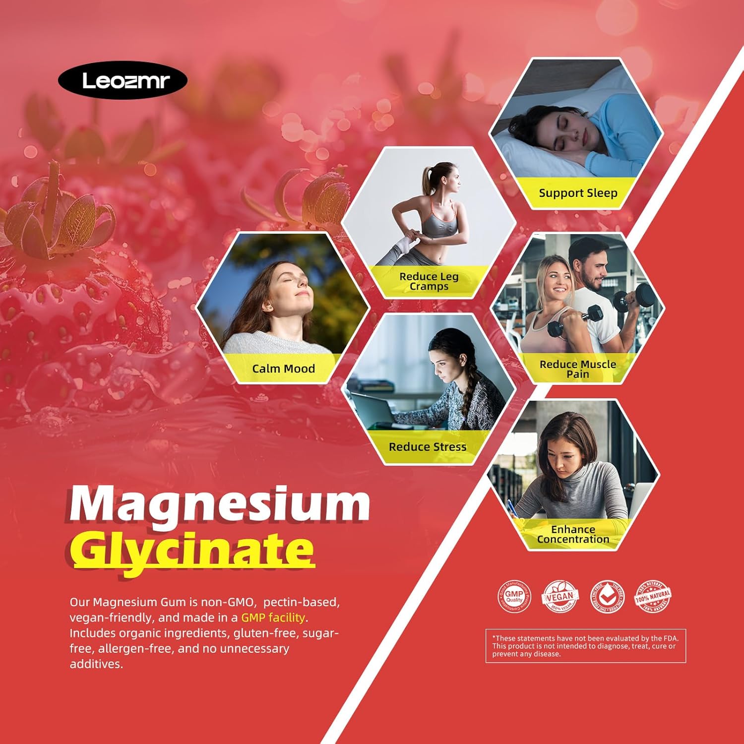 Leozmr Magnesium Glycinate Gummies 1000mg - Sugar Free Supplement for Calm Mood & Sleep Support - 60 Strawberry Gummies