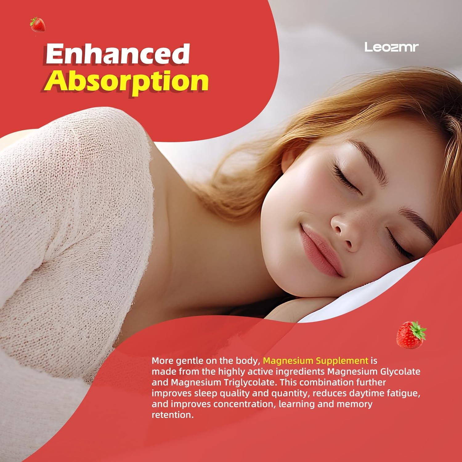 Leozmr Magnesium Glycinate Gummies 1000mg - Sugar Free Supplement for Calm Mood & Sleep Support - 60 Strawberry Gummies