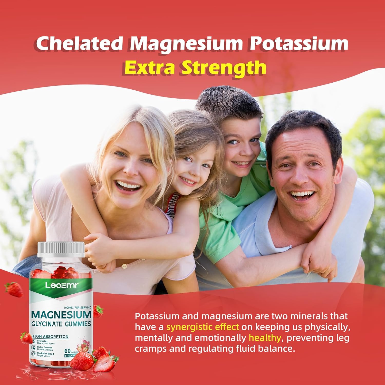 Leozmr Magnesium Glycinate Gummies 1000mg - Sugar Free Supplement for Calm Mood & Sleep Support - 60 Strawberry Gummies
