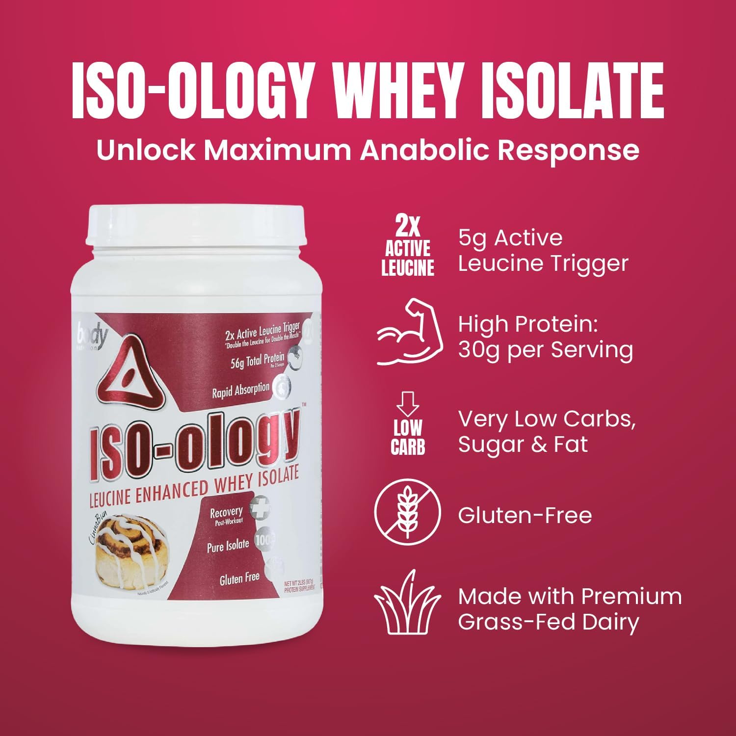 Leucine-Enhanced Grass Fed Whey Isolate Protein Powder for Post-Workout Recovery, Cinnabun Flavor - 2lb