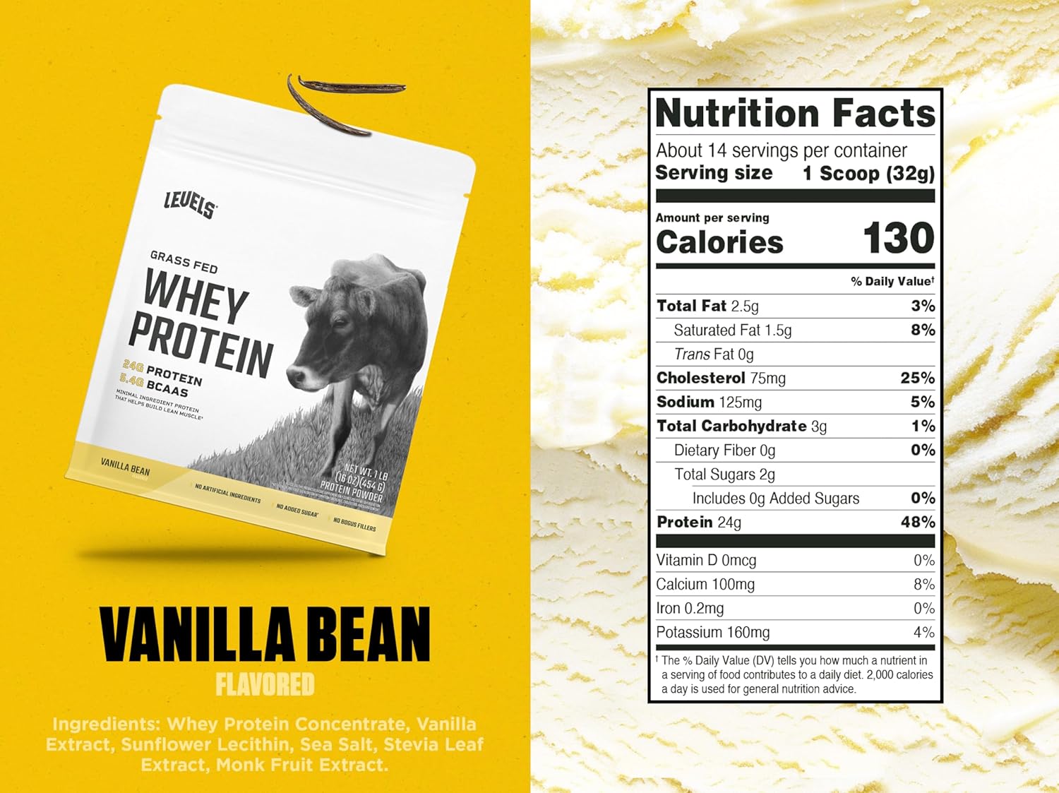 Levels Grass Fed Whey Protein Powder - 24G Protein, Vanilla Bean Flavor, 1LB - No Artificial Ingredients