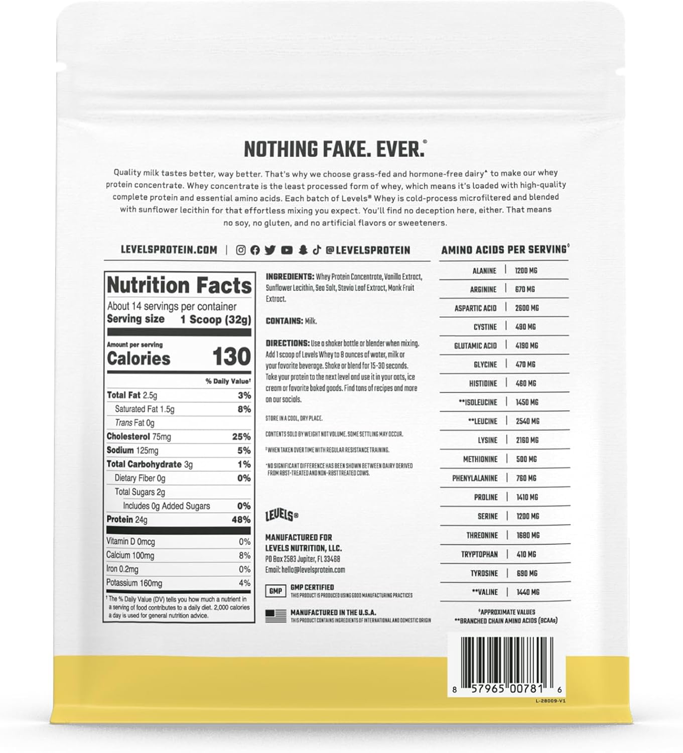 Levels Grass Fed Whey Protein Powder - 24G Protein, Vanilla Bean Flavor, 1LB - No Artificial Ingredients