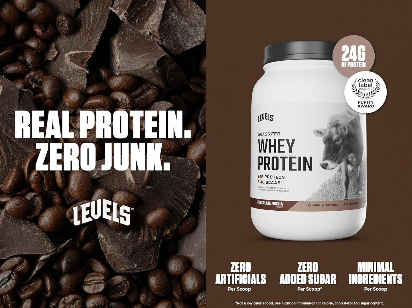 Levels Grass Fed Whey Protein Powder - Chocolate Mocha Flavor, 2LB, 24G Protein, No Artificial Ingredients
