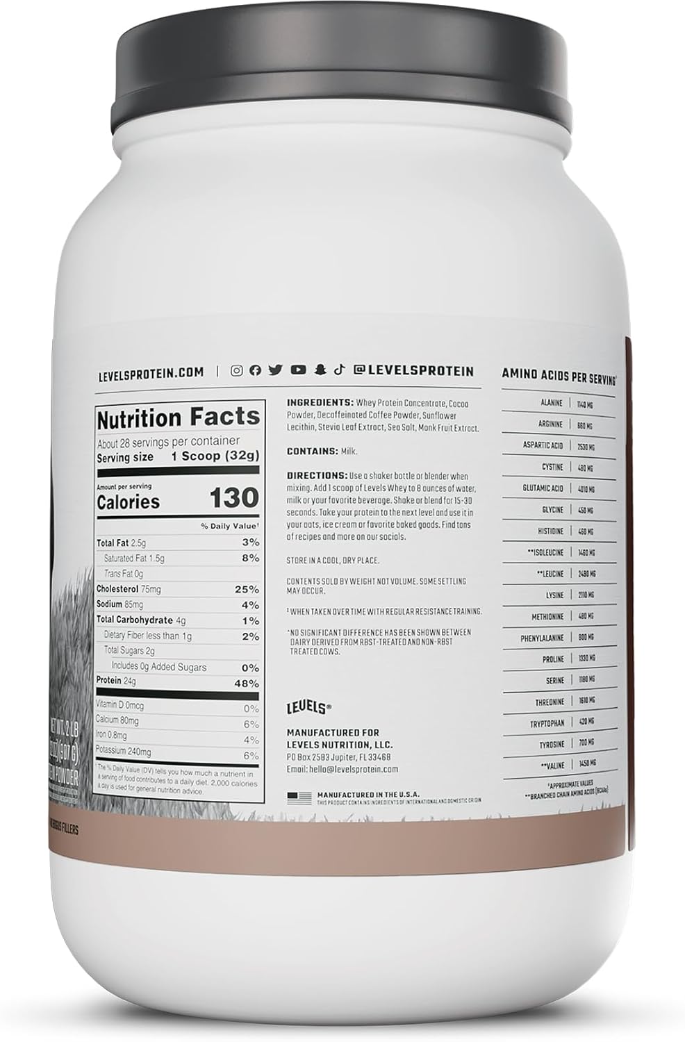 Levels Grass Fed Whey Protein Powder - Chocolate Mocha Flavor, 2LB, 24G Protein, No Artificial Ingredients