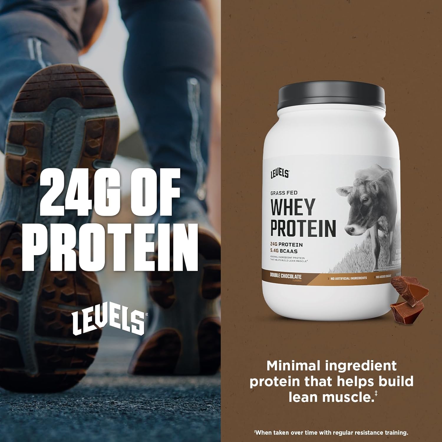 Levels Grass Fed Whey Protein Powder - Double Chocolate, 2LB - 24G Protein, No Artificial Ingredients