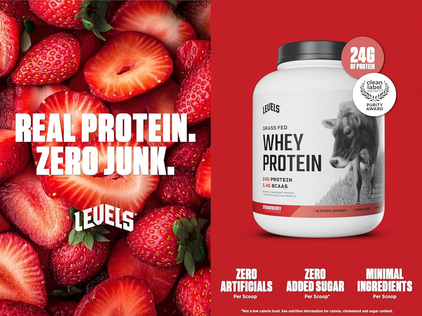 Levels Grass Fed Whey Protein Powder - Strawberry Flavor, 24G Protein, No Artificial Ingredients - 5LB Pack